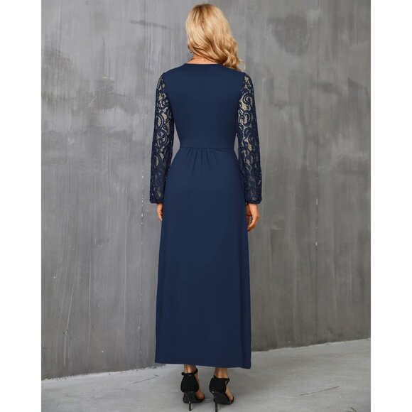 ⚡Blue Women Fall Maxi Dress 2025 Lace Long Sleeve V Neck Wrap Dress with Pockets - Picture 3 of 4
